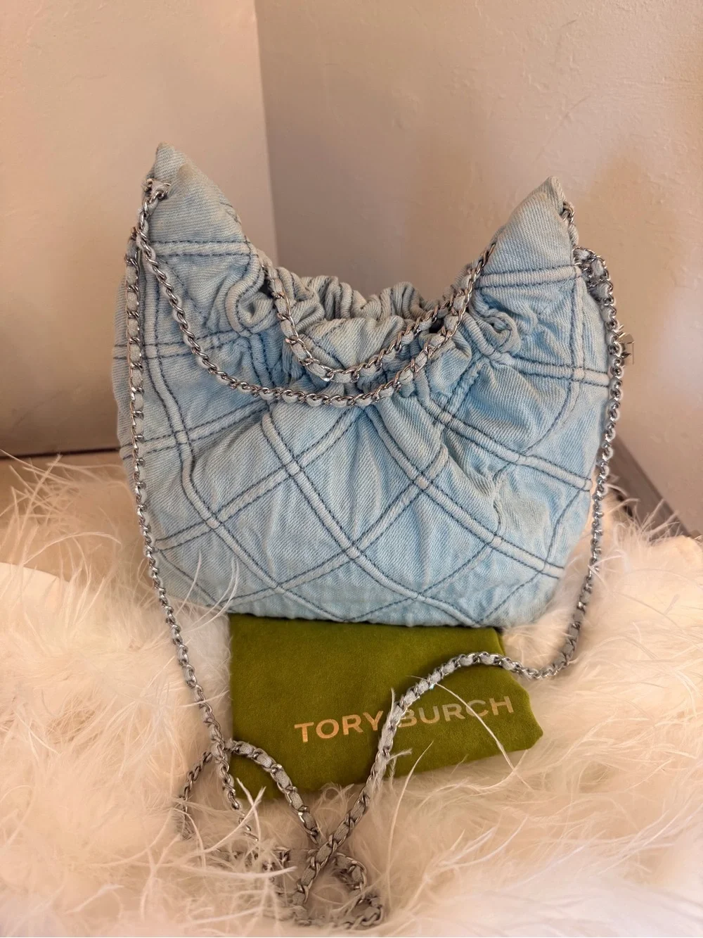 Tory Burch Mini Fleming Quilted Denim Hobo Bag